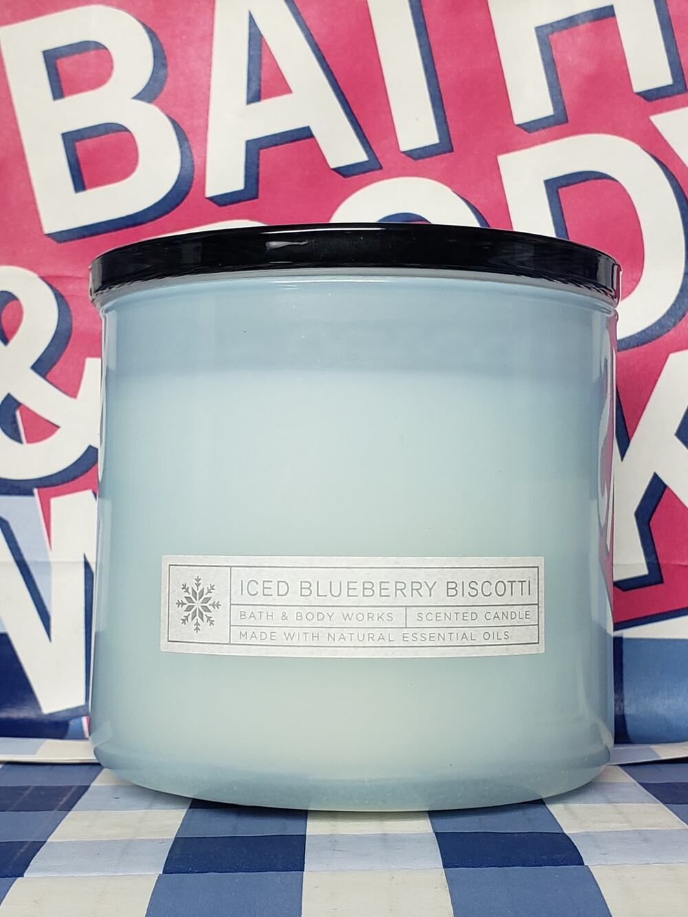 BBW Iced Blueberry Biscotti Glass Lid Large 3 Wick Candle Home Fragrance Decor